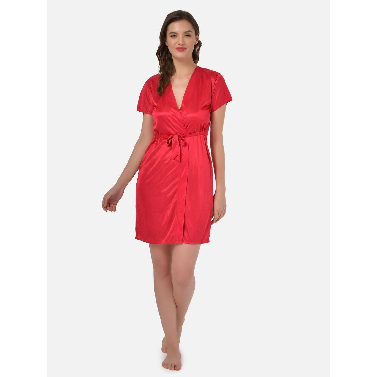 KLAMOTTEN X Styli Women Red Satin Short Sleeve Robe-women-clothing-nightwear-robes-image-1