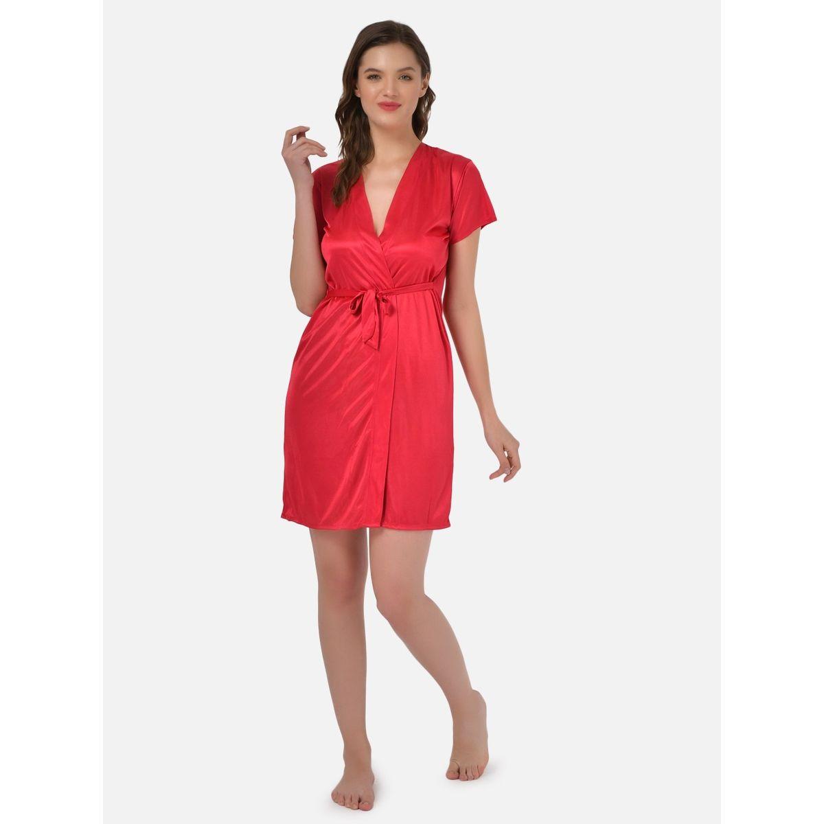 KLAMOTTEN X Styli Women Red Satin Short Sleeve Robe-women-clothing-nightwear-robes-image-3
