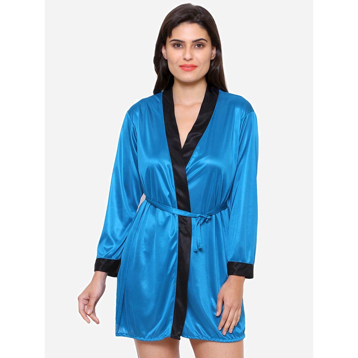 KLAMOTTEN X Styli Women Turquoise Satin Long Sleeve Robe-women-clothing-nightwear-robes-image-1