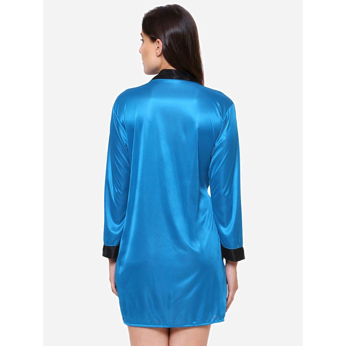 KLAMOTTEN X Styli Women Turquoise Satin Long Sleeve Robe-women-clothing-nightwear-robes-image-2