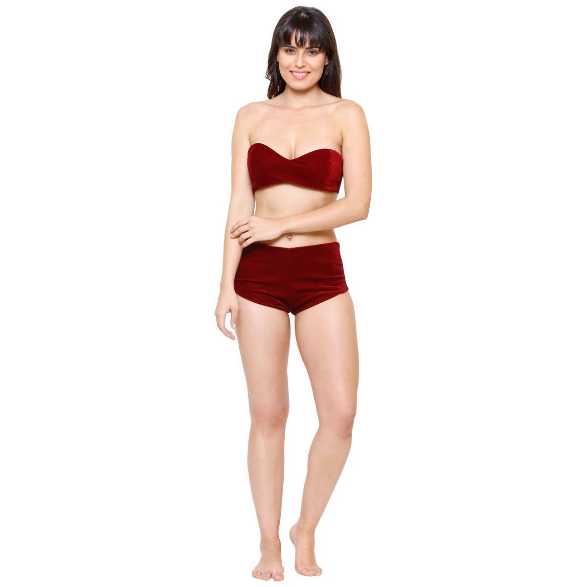 KLAMOTTEN X Styli Women Maroon Bikini and Sheer Robe Set-women-clothing-nightwear-robes-image-2