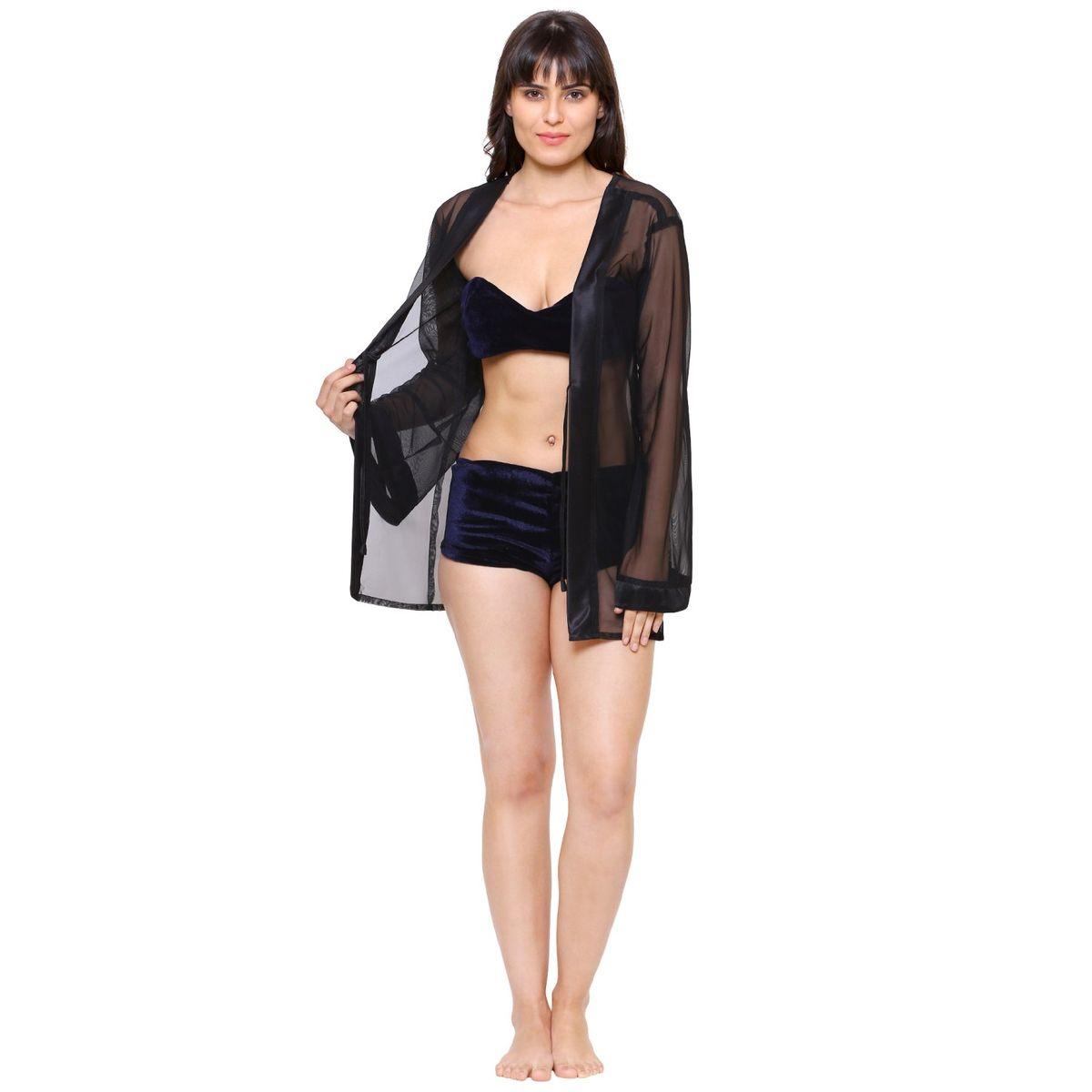 KLAMOTTEN X Styli Women Navy Blue Bikini and Sheer Robe Set-women-clothing-nightwear-robes-image-1