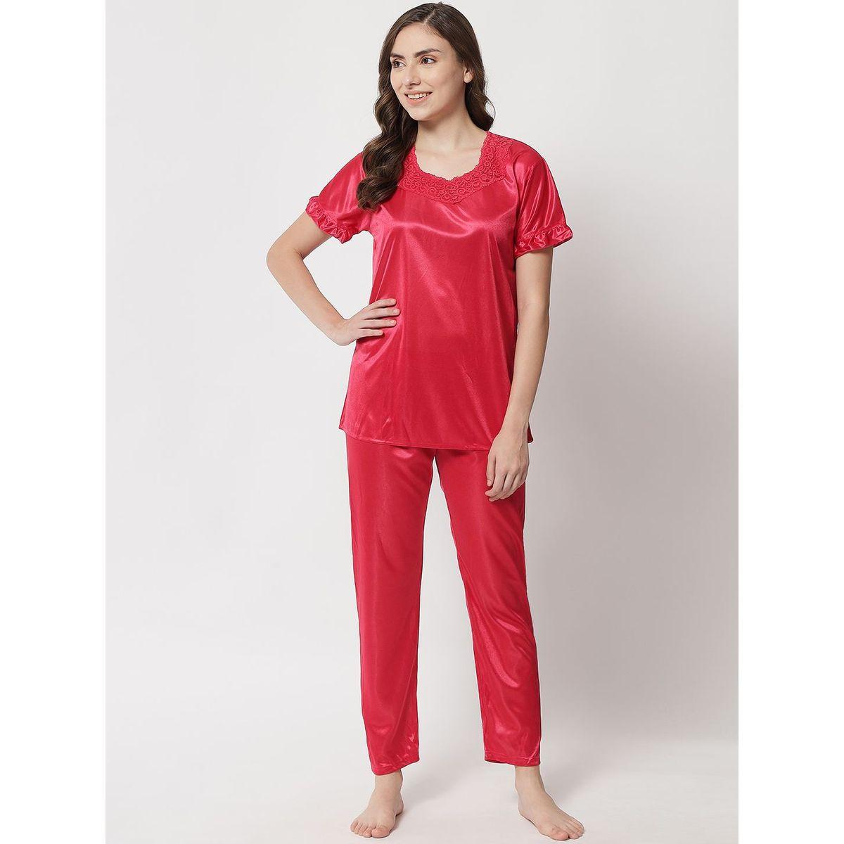 KLAMOTTEN X Styli Women Red Satin Top with Pyjama Set-women-clothing-nightwear-nighties-image-1