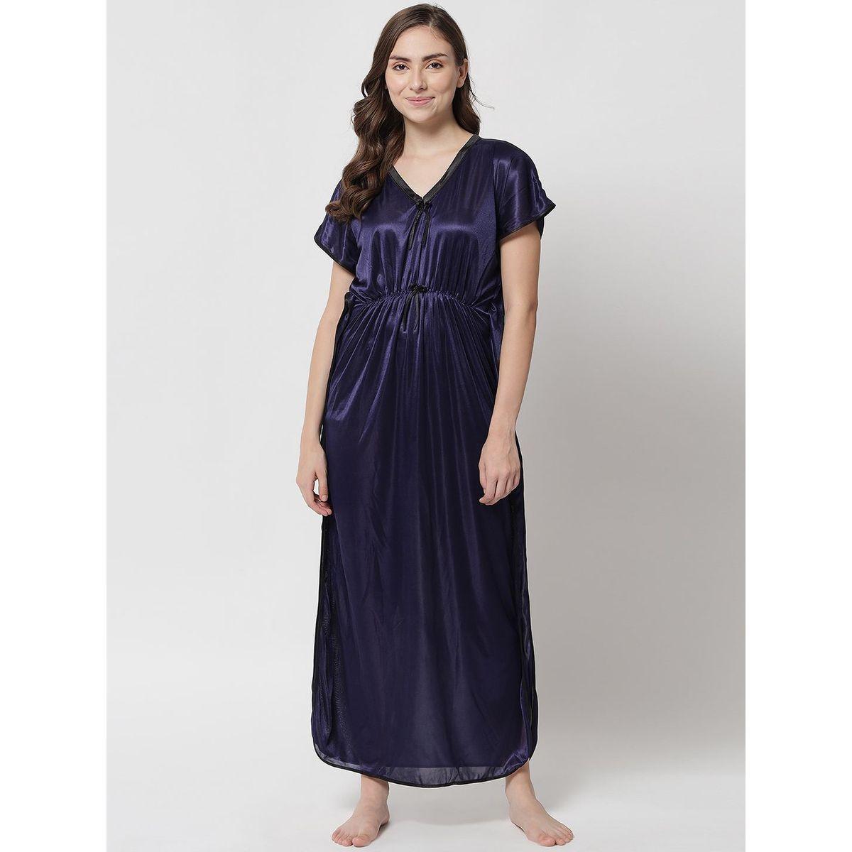 KLAMOTTEN X Styli Women Navy Blue Satin Kaftan Nightdress-women-clothing-nightwear-nighties-image-1