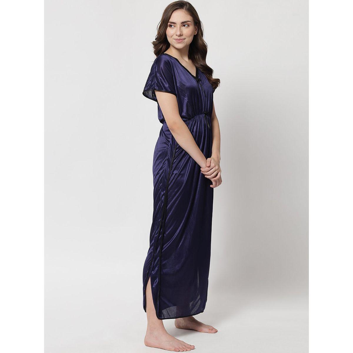 KLAMOTTEN X Styli Women Navy Blue Satin Kaftan Nightdress-women-clothing-nightwear-nighties-image-4