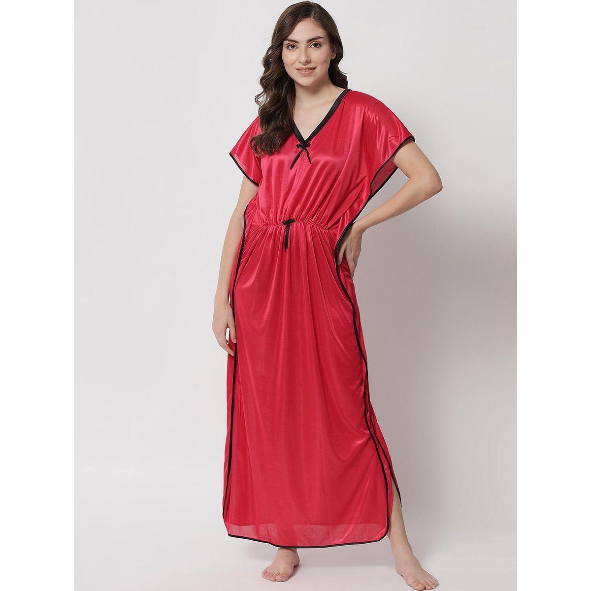KLAMOTTEN X Styli Women Red Satin Kaftan Nightdress-women-clothing-nightwear-nighties-image-1