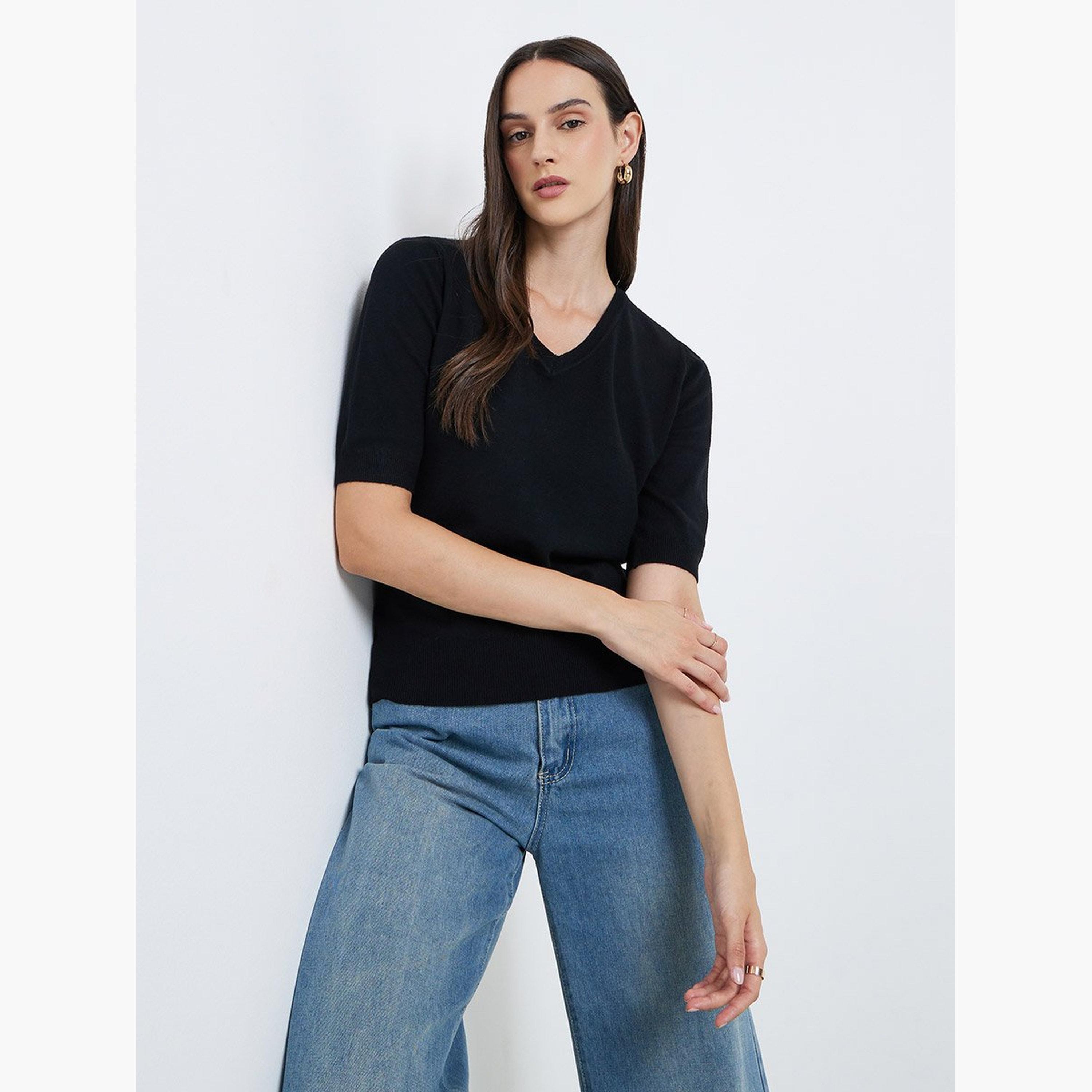 Styli Solid Knitted V-Neck Top-women-clothing-tshirts-image-1