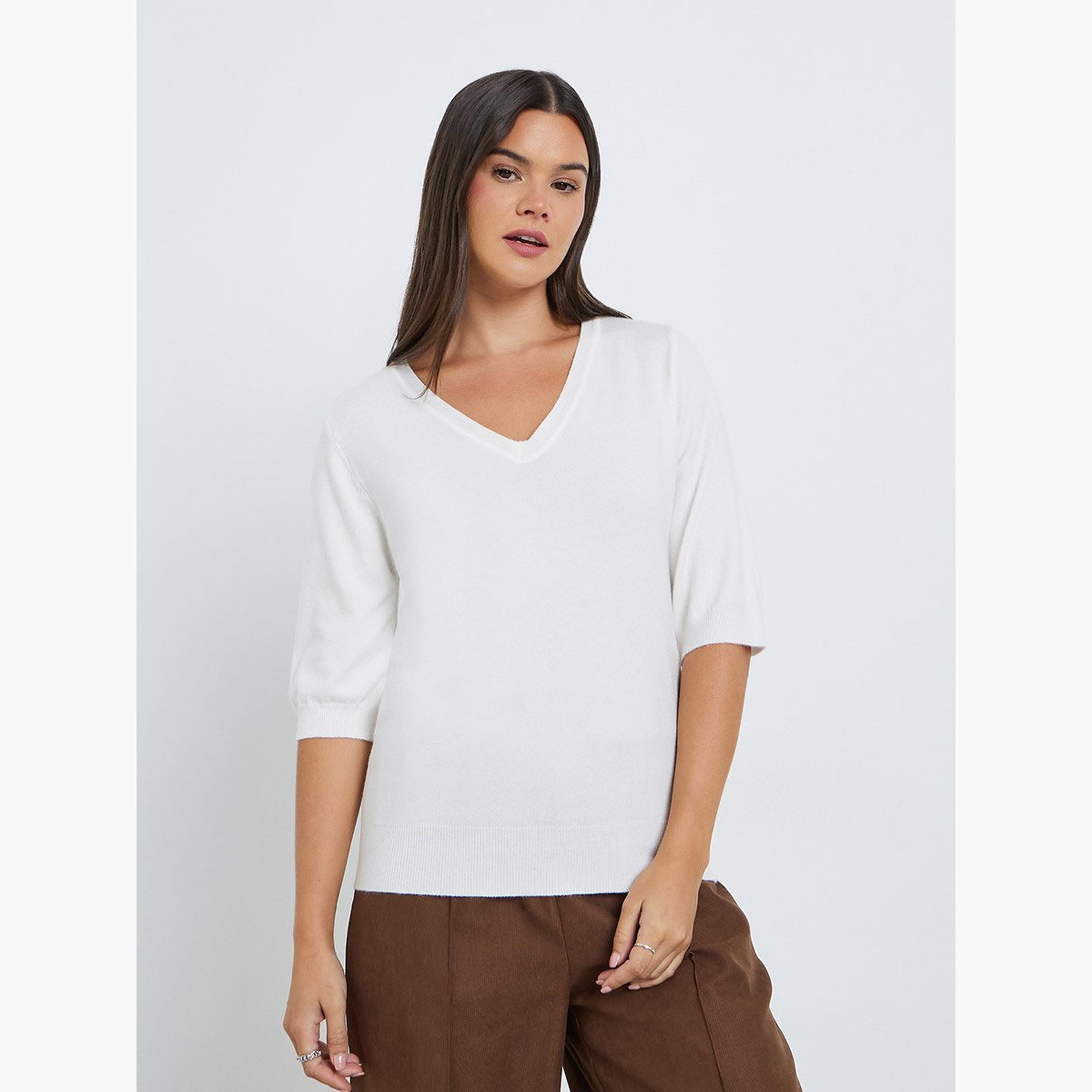 Styli Solid Knitted V-Neck Top-women-clothing-tshirts-image-1