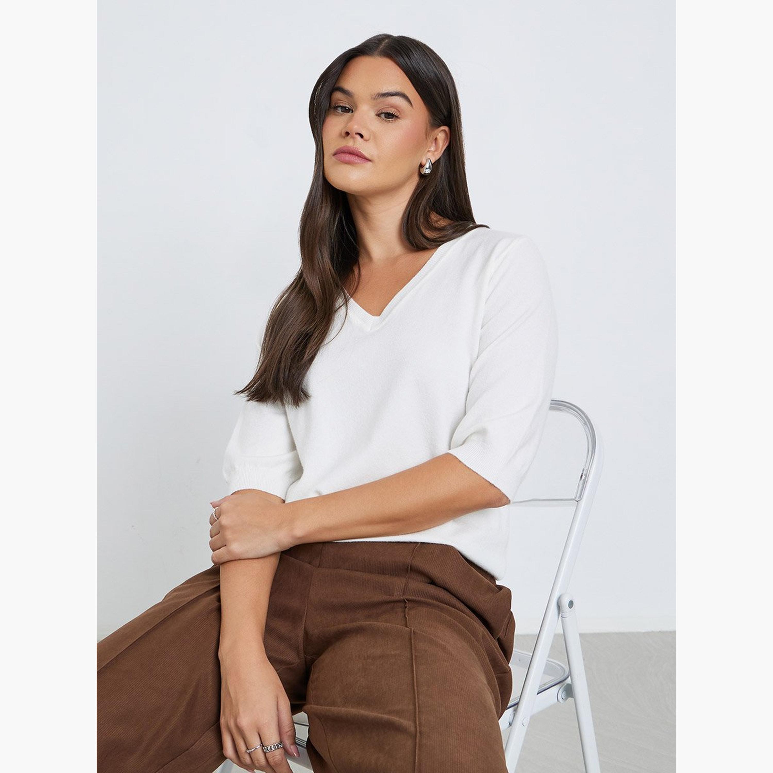 Styli Solid Knitted V-Neck Top-women-clothing-tshirts-image-2