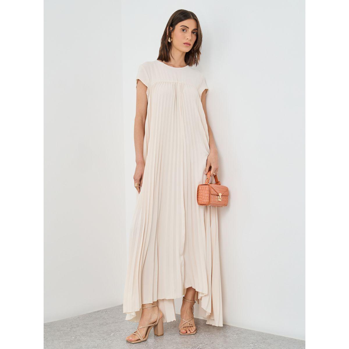 Styli Women Beige Solid Pleated A-Line Maxi Dress-women-clothing-dresses-image-1