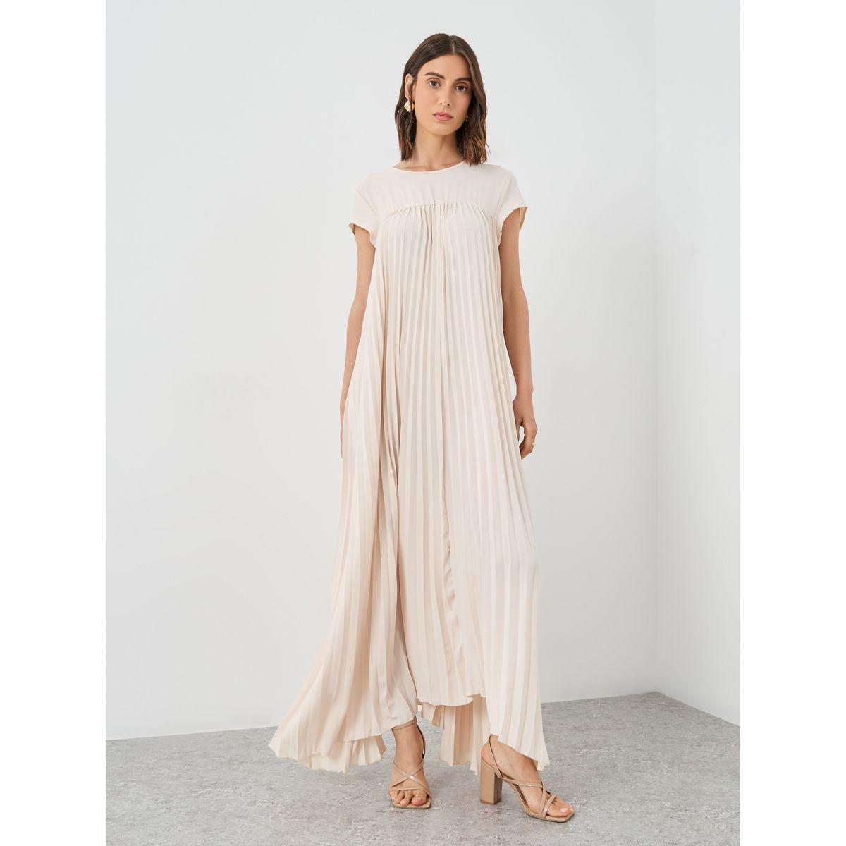 Styli Women Beige Solid Pleated A-Line Maxi Dress-women-clothing-dresses-image-2