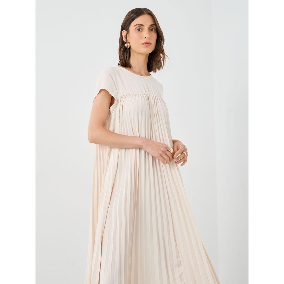 Styli Women Beige Solid Pleated A-Line Maxi Dress-women-clothing-dresses-image-3