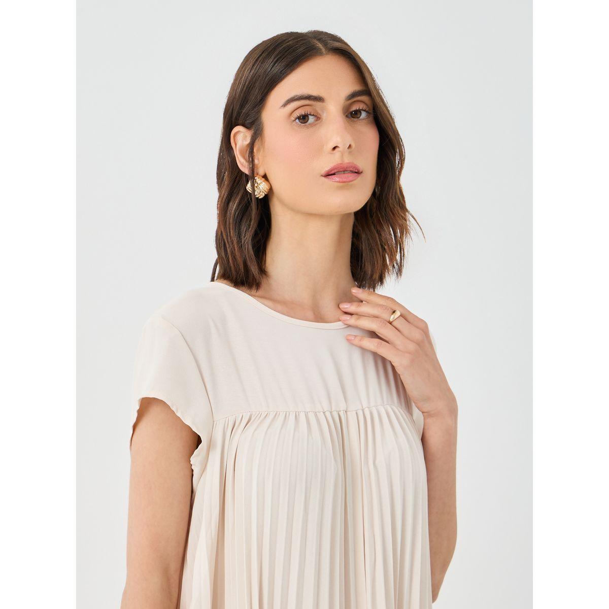 Styli Women Beige Solid Pleated A-Line Maxi Dress-women-clothing-dresses-image-4