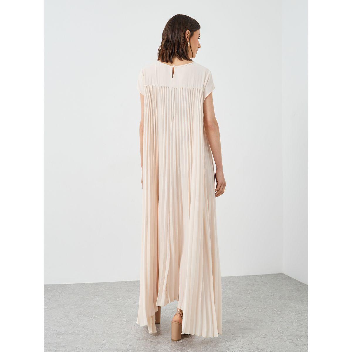 Styli Women Beige Solid Pleated A-Line Maxi Dress-women-clothing-dresses-image-5