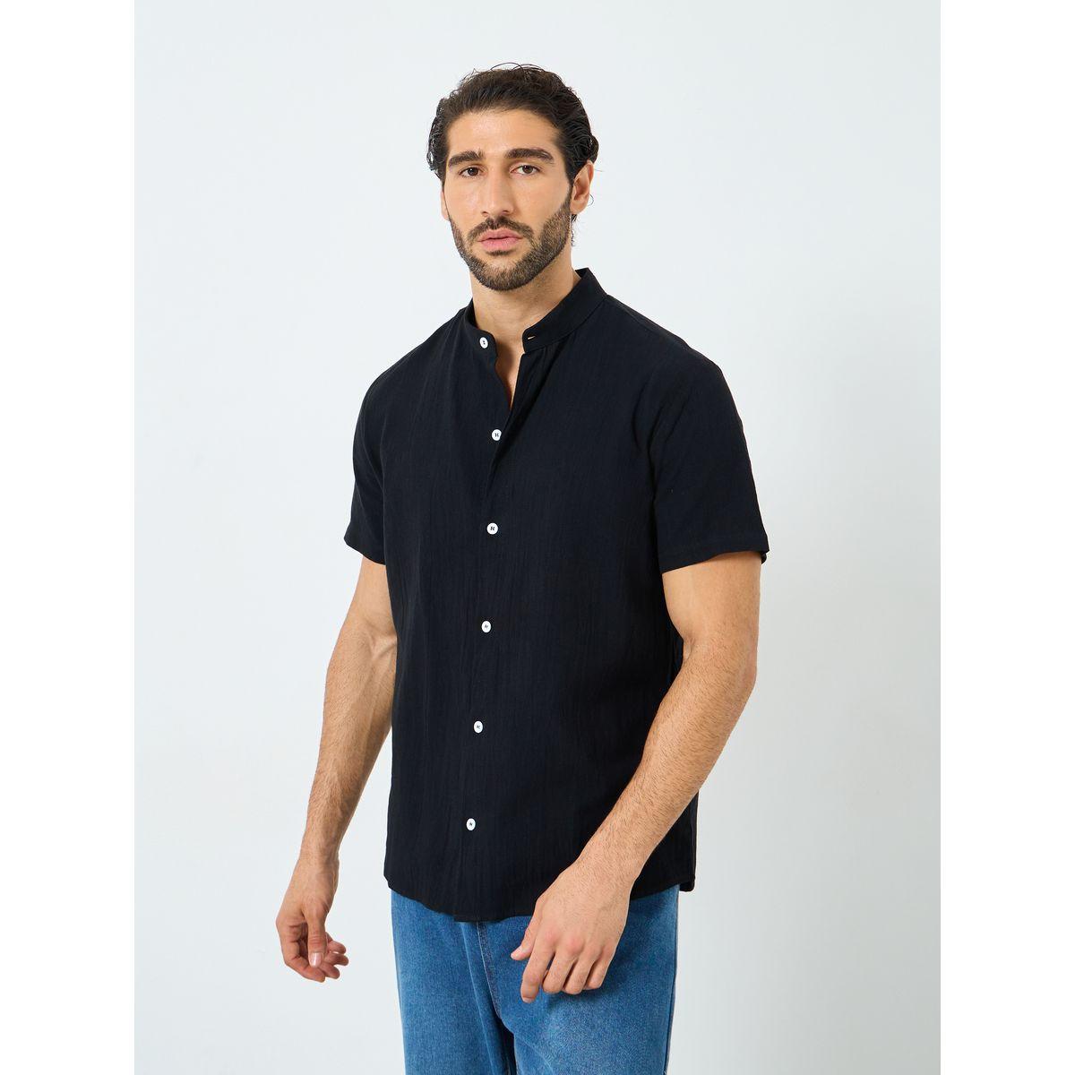 Styli Solid Mandarin Collar Button Front Shirt-men-clothing-shirts-image-3
