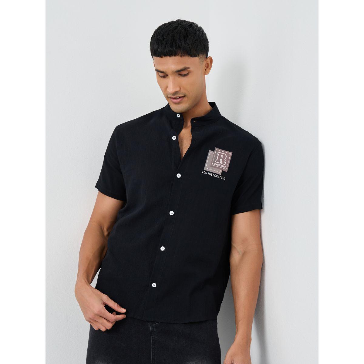 Styli Graphic Print Mandarin Collar Short Sleeve Shirt-men-clothing-shirts-image-1