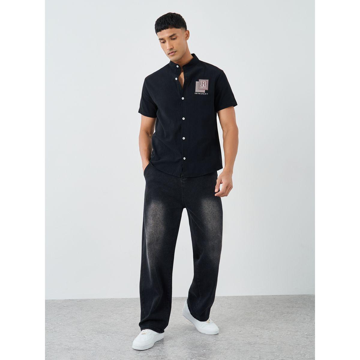 Styli Graphic Print Mandarin Collar Short Sleeve Shirt-men-clothing-shirts-image-2