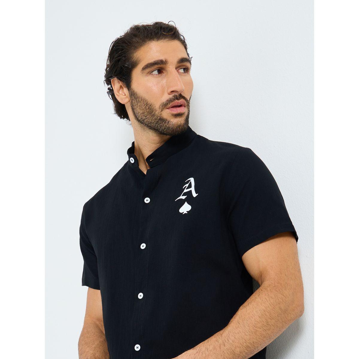 Styli Black Graphic Print Mandarin Collar Shirt-men-clothing-shirts-image-1