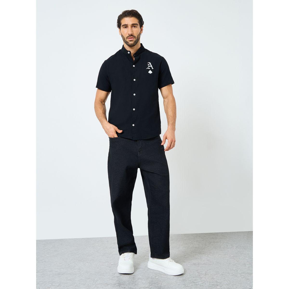 Styli Black Graphic Print Mandarin Collar Shirt-men-clothing-shirts-image-2