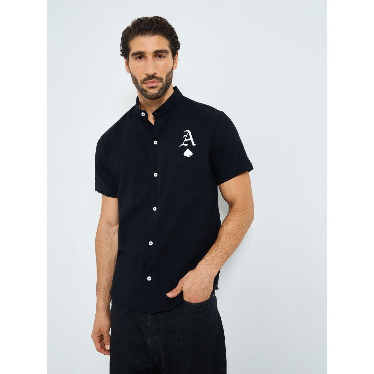 Styli Black Graphic Print Mandarin Collar Shirt-men-clothing-shirts-image-3