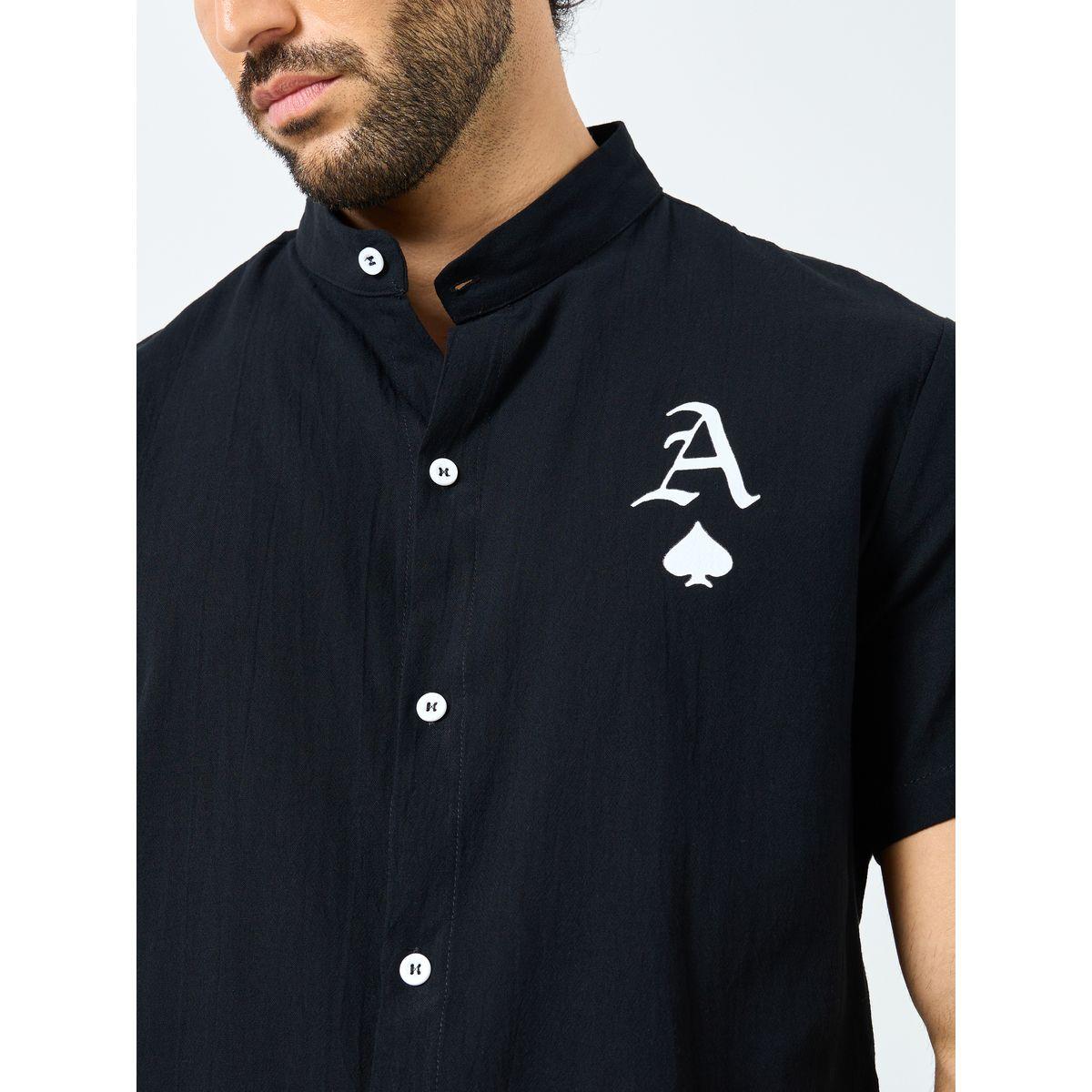 Styli Black Graphic Print Mandarin Collar Shirt-men-clothing-shirts-image-4