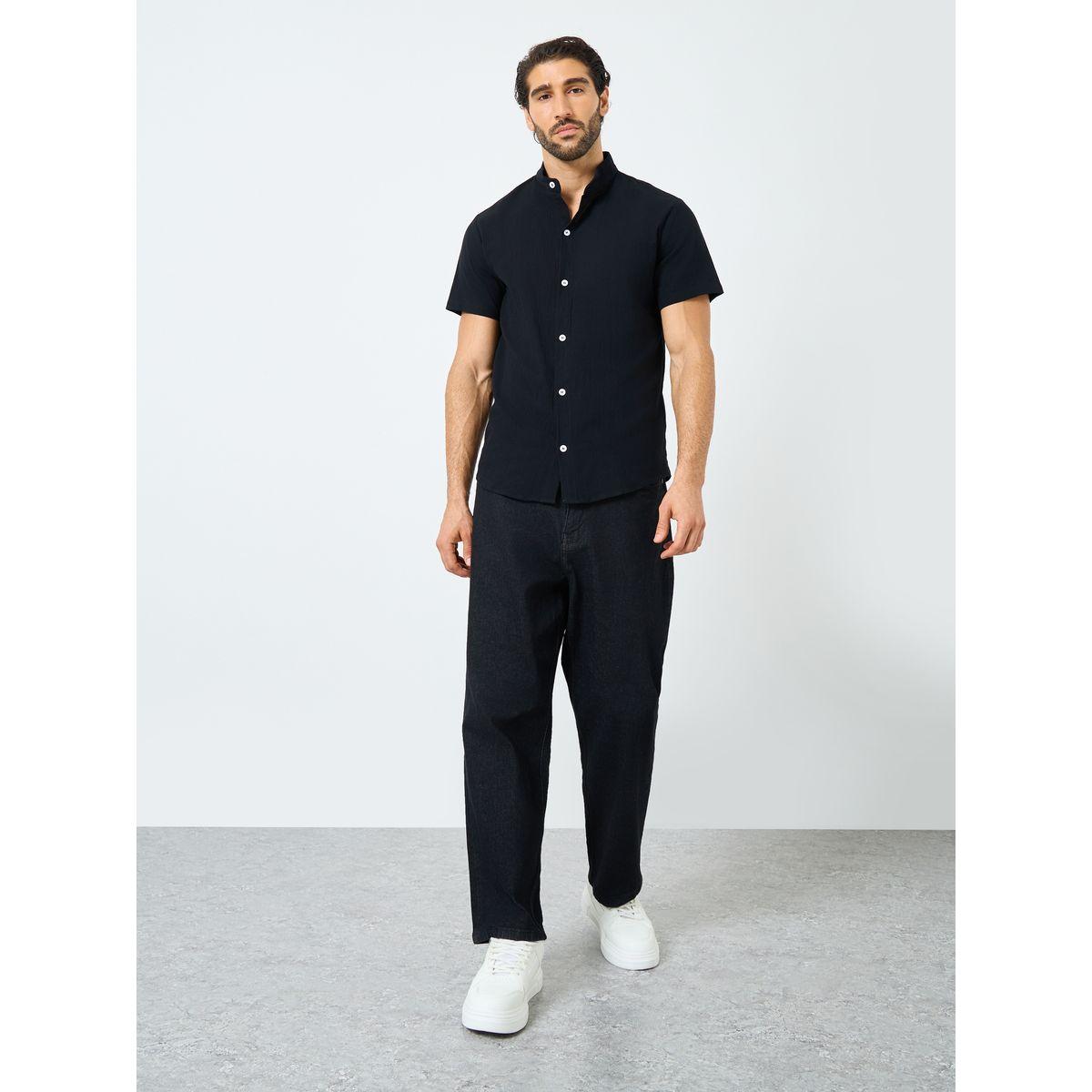 Styli Slogan Print Mandarin Collar Buttoned Shirt-men-clothing-shirts-image-2