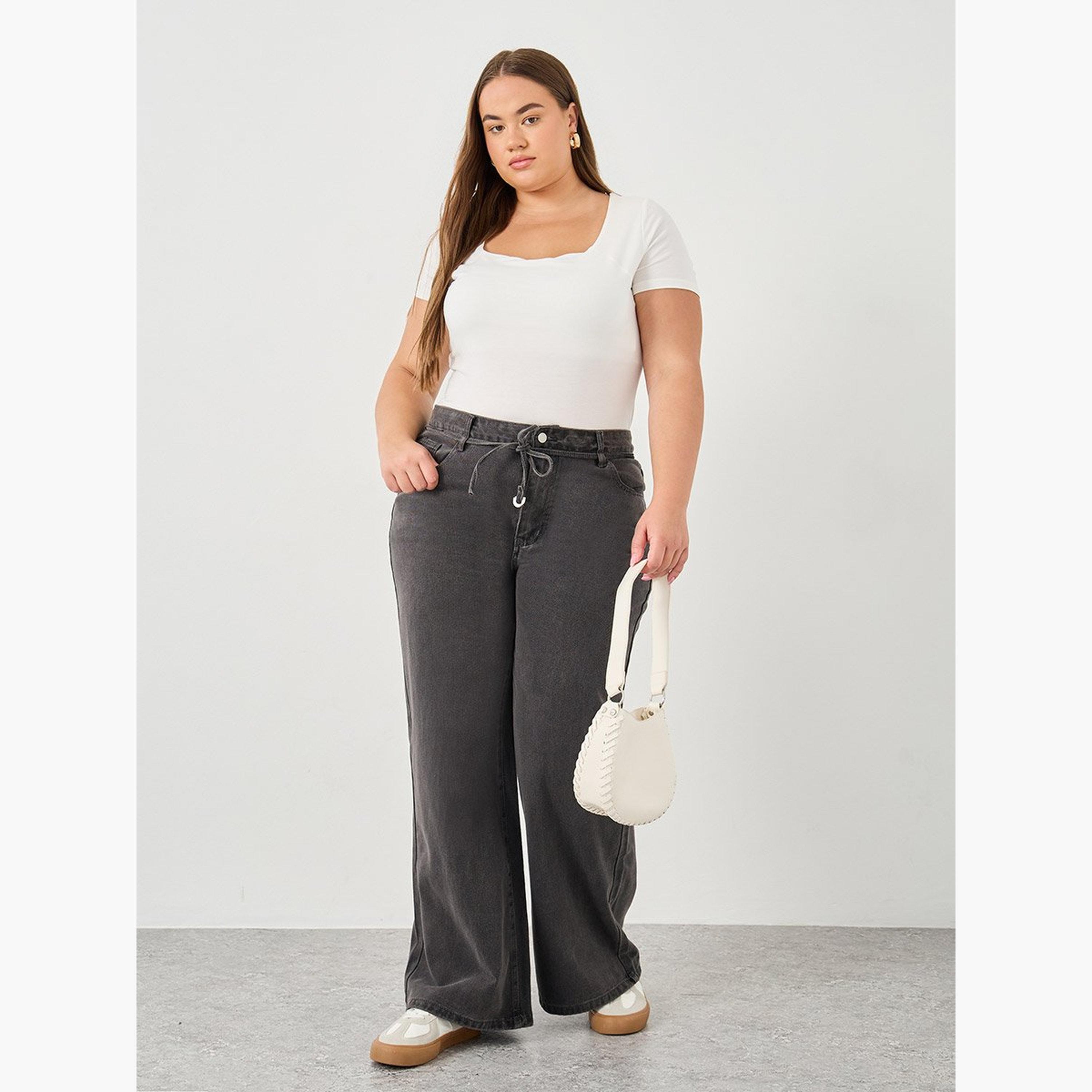 Styli Plus Wide Leg Jeans with Self Tie-Waist-women-clothing-bottoms-jeans-image-2