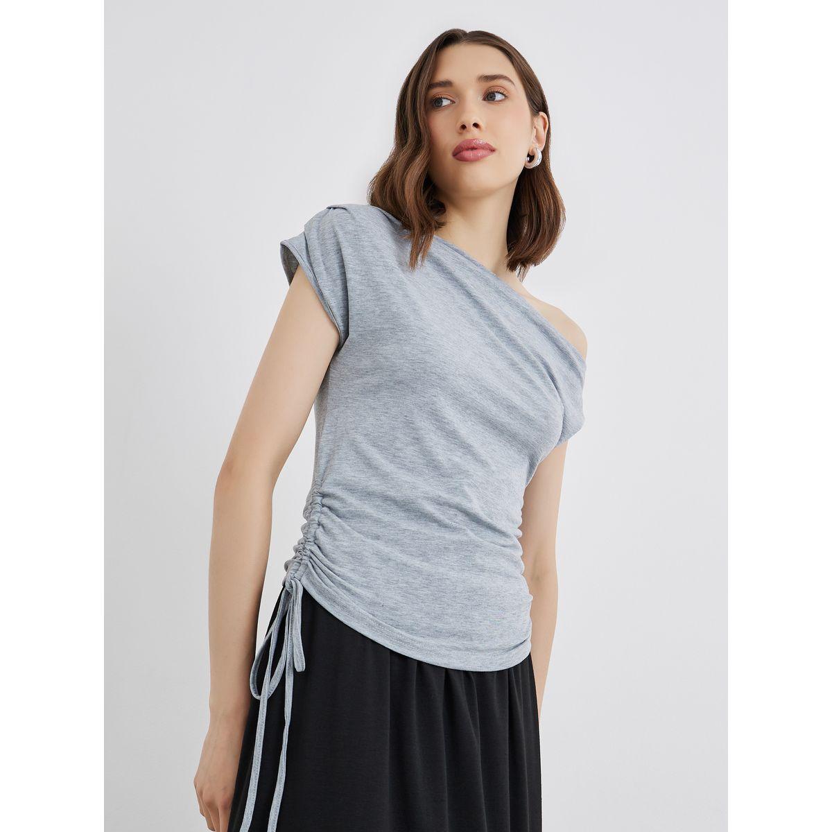 Styli Asymmetric Neck Side Ruched Detail Top-women-clothing-shirtsandblouses-blouses-image-1