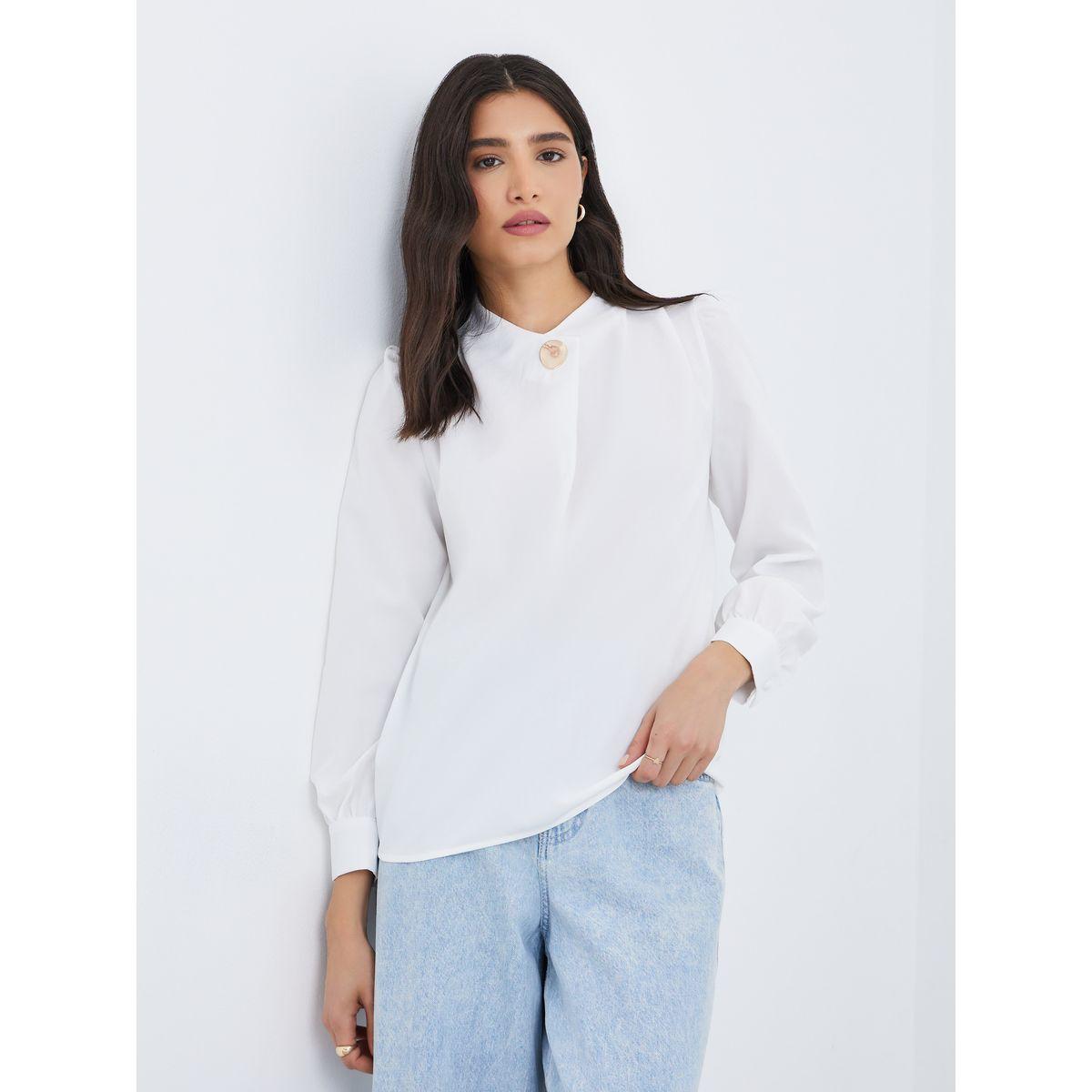 بلوزة سادة بأكمام طويلة وتفاصيل أزرار-women-clothing-shirtsandblouses-blouses-image-1