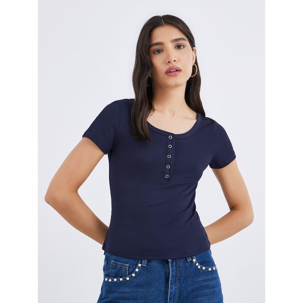 Styli Navy Blue Square Neck Ribbed Fitted T-Shirt-women-clothing-tshirts-image-1