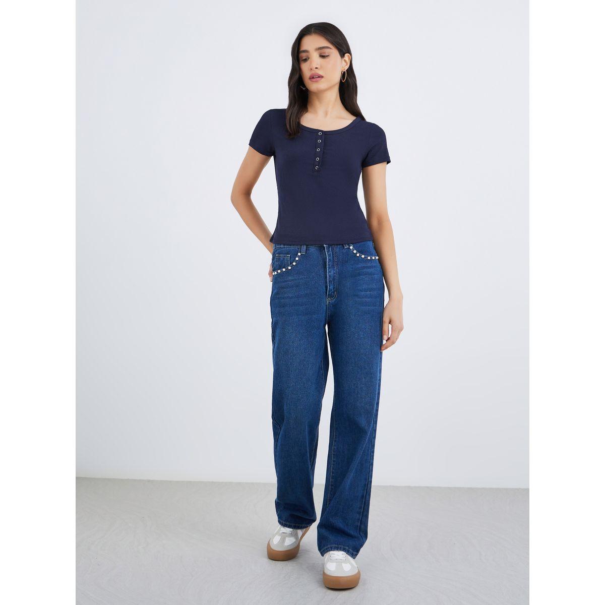 Styli Navy Blue Square Neck Ribbed Fitted T-Shirt-women-clothing-tshirts-image-2