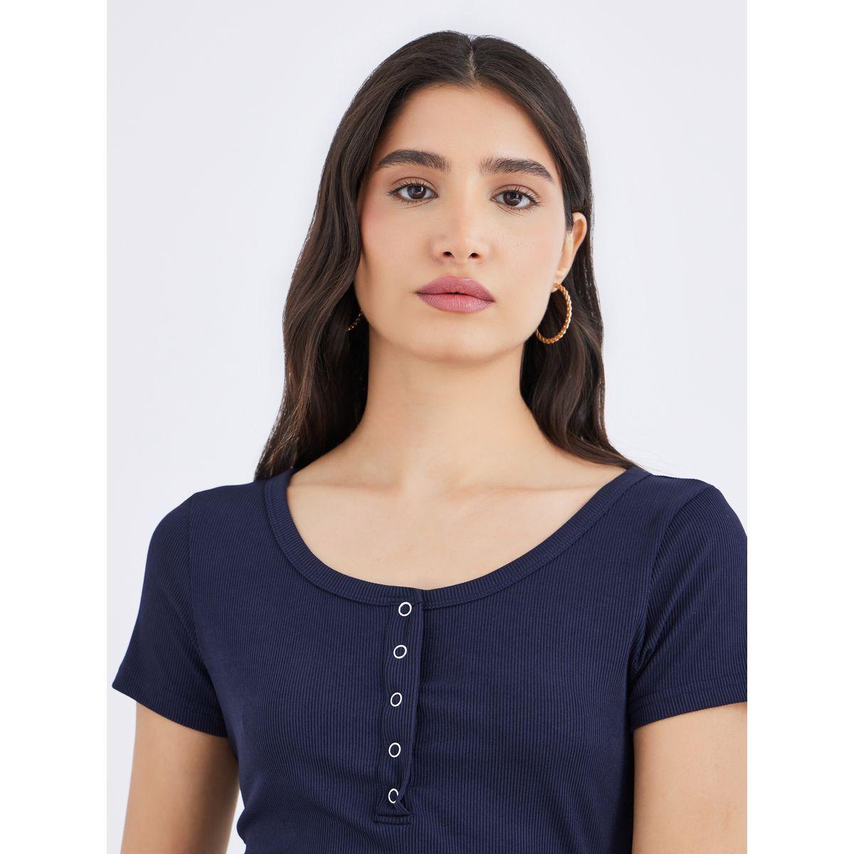 Styli Navy Blue Square Neck Ribbed Fitted T-Shirt-women-clothing-tshirts-image-3