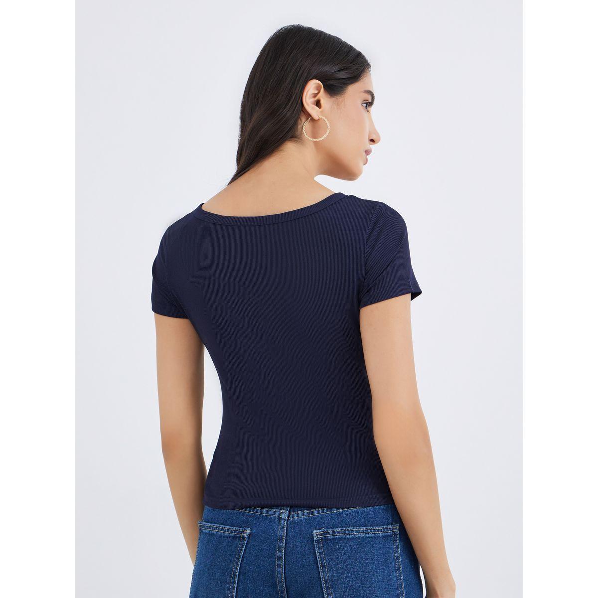 Styli Navy Blue Square Neck Ribbed Fitted T-Shirt-women-clothing-tshirts-image-4