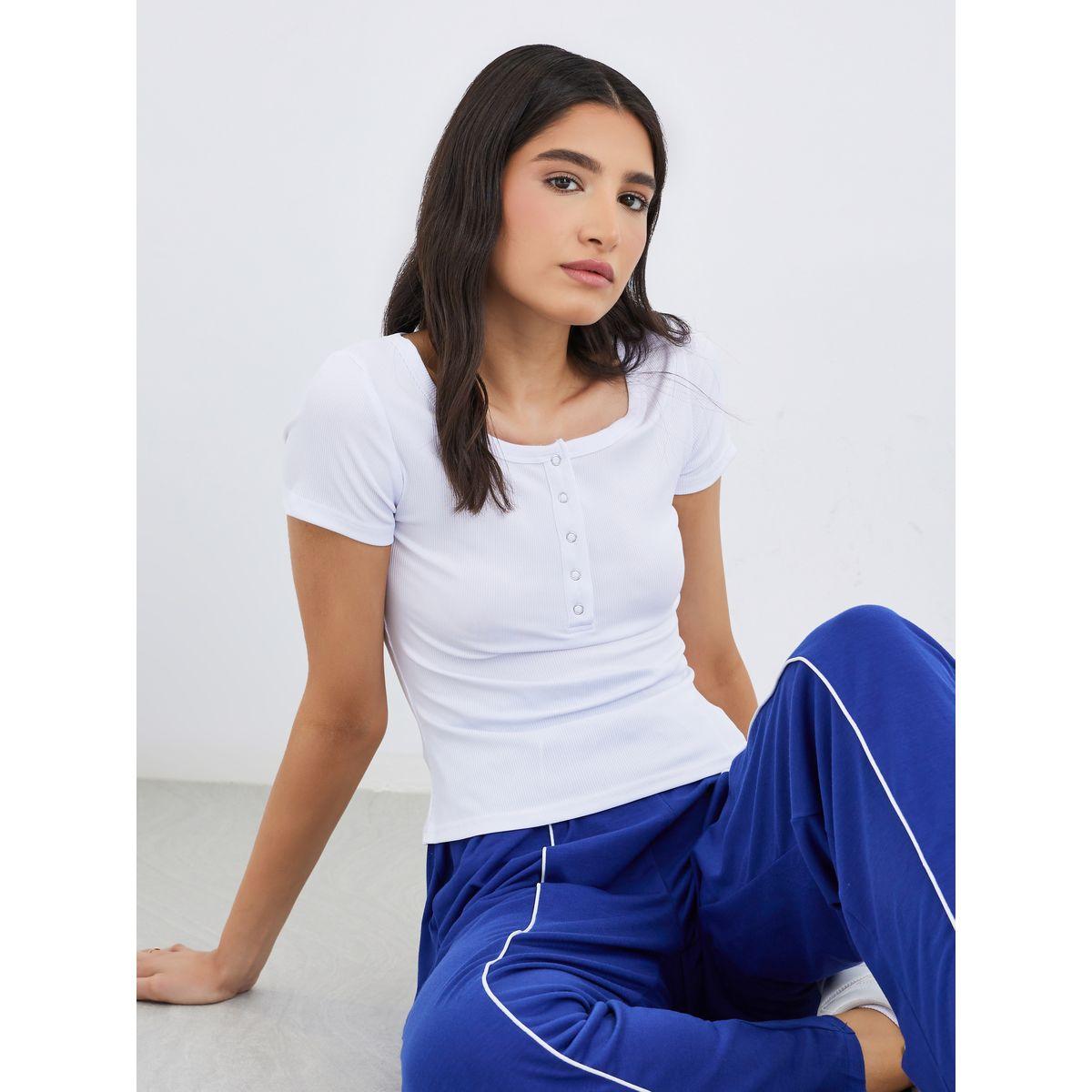 Styli White Square Neck Ribbed Fitted T-Shirt-women-clothing-tshirts-image-1