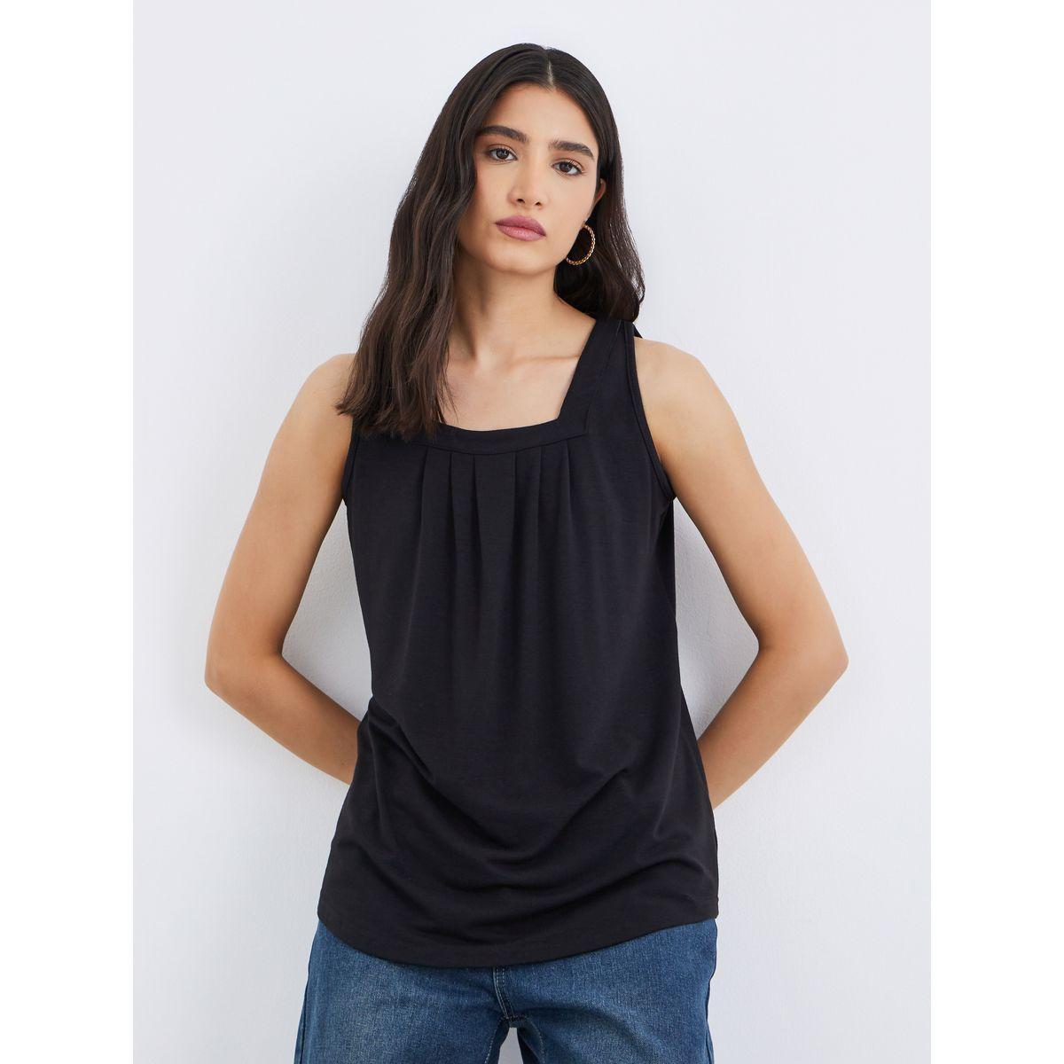 بلوزة سادة بياقة مربعة وبدون أكمام-women-clothing-shirtsandblouses-blouses-image-1