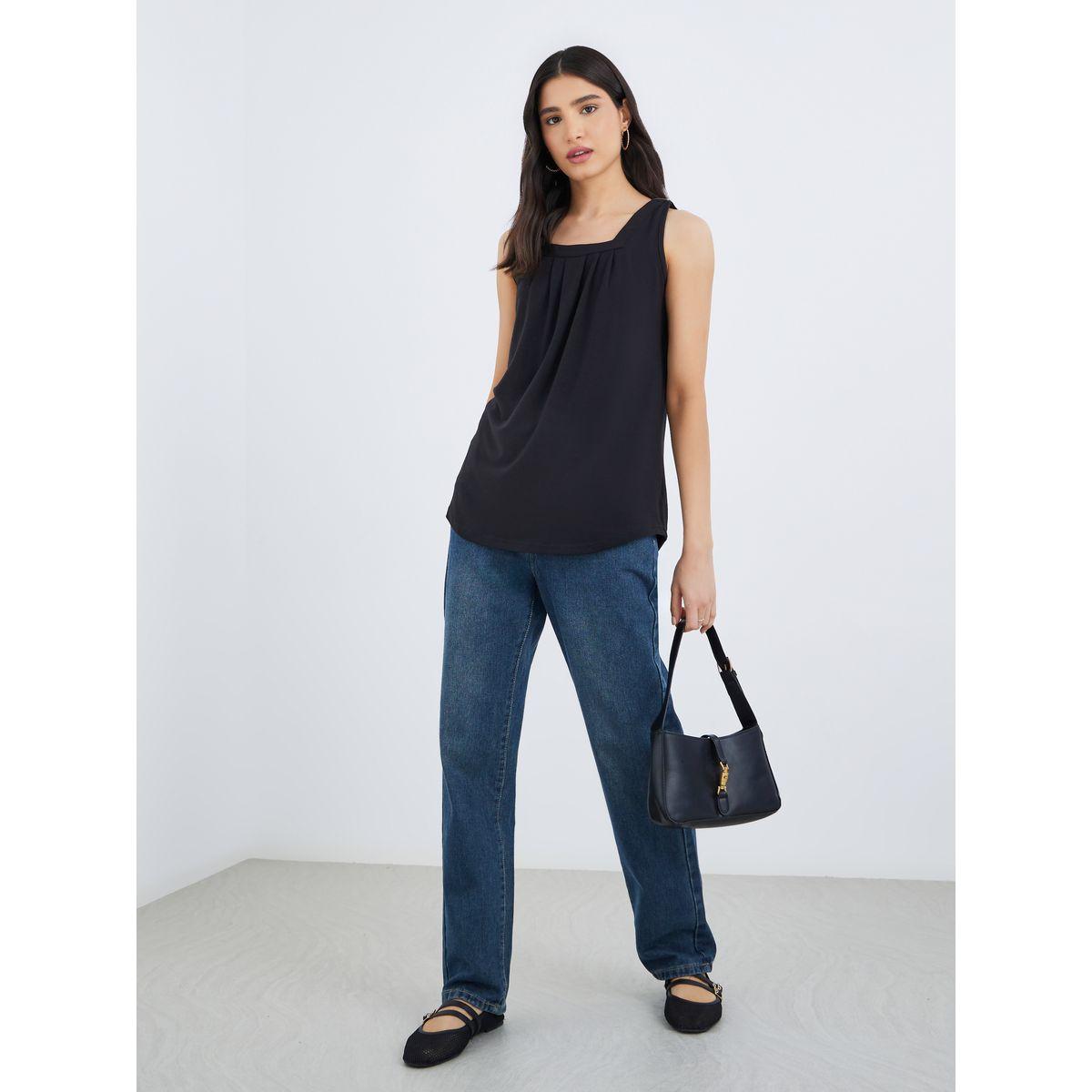 بلوزة سادة بياقة مربعة وبدون أكمام-women-clothing-shirtsandblouses-blouses-image-2