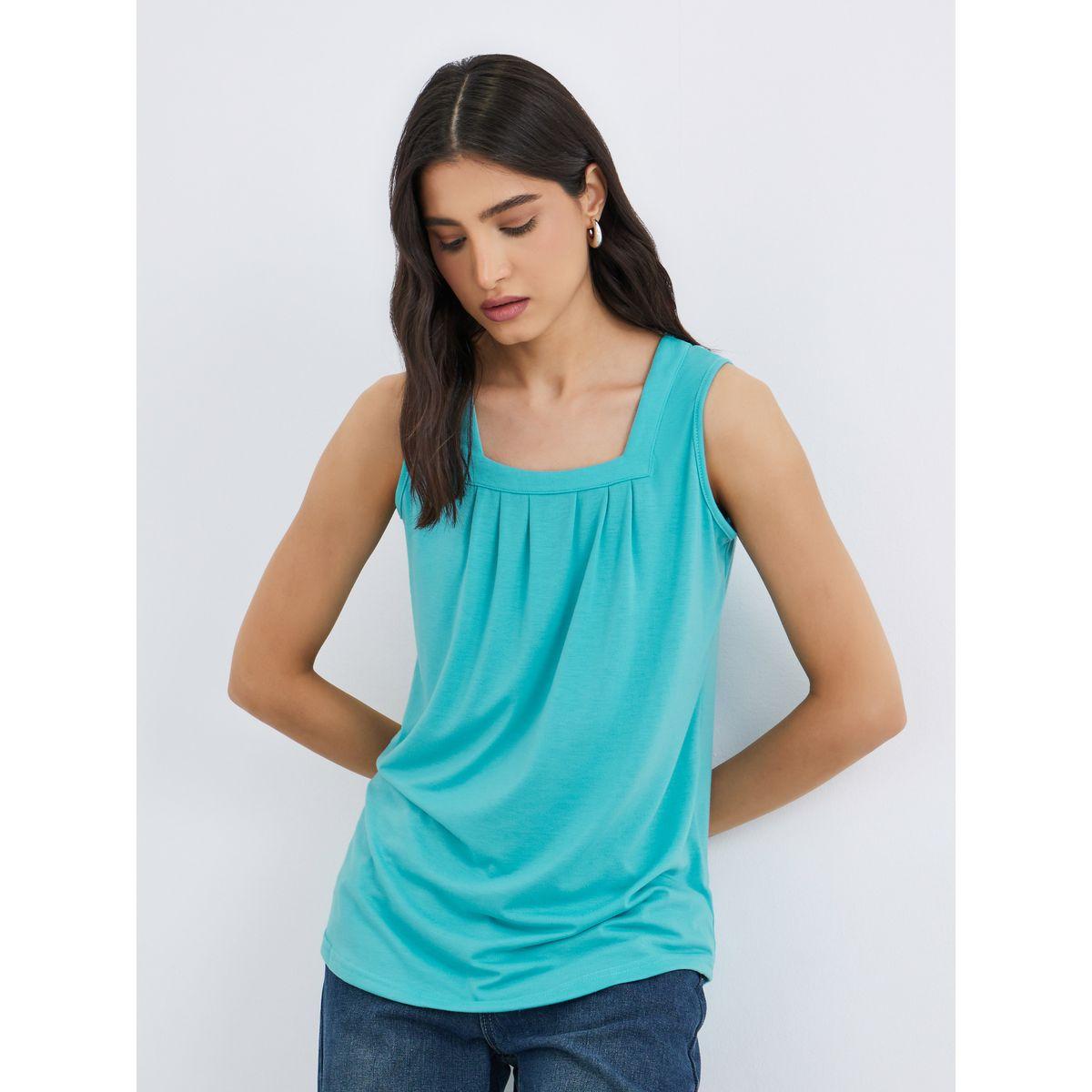 بلوزة سادة بياقة مربعة وبدون أكمام-women-clothing-shirtsandblouses-blouses-image-1