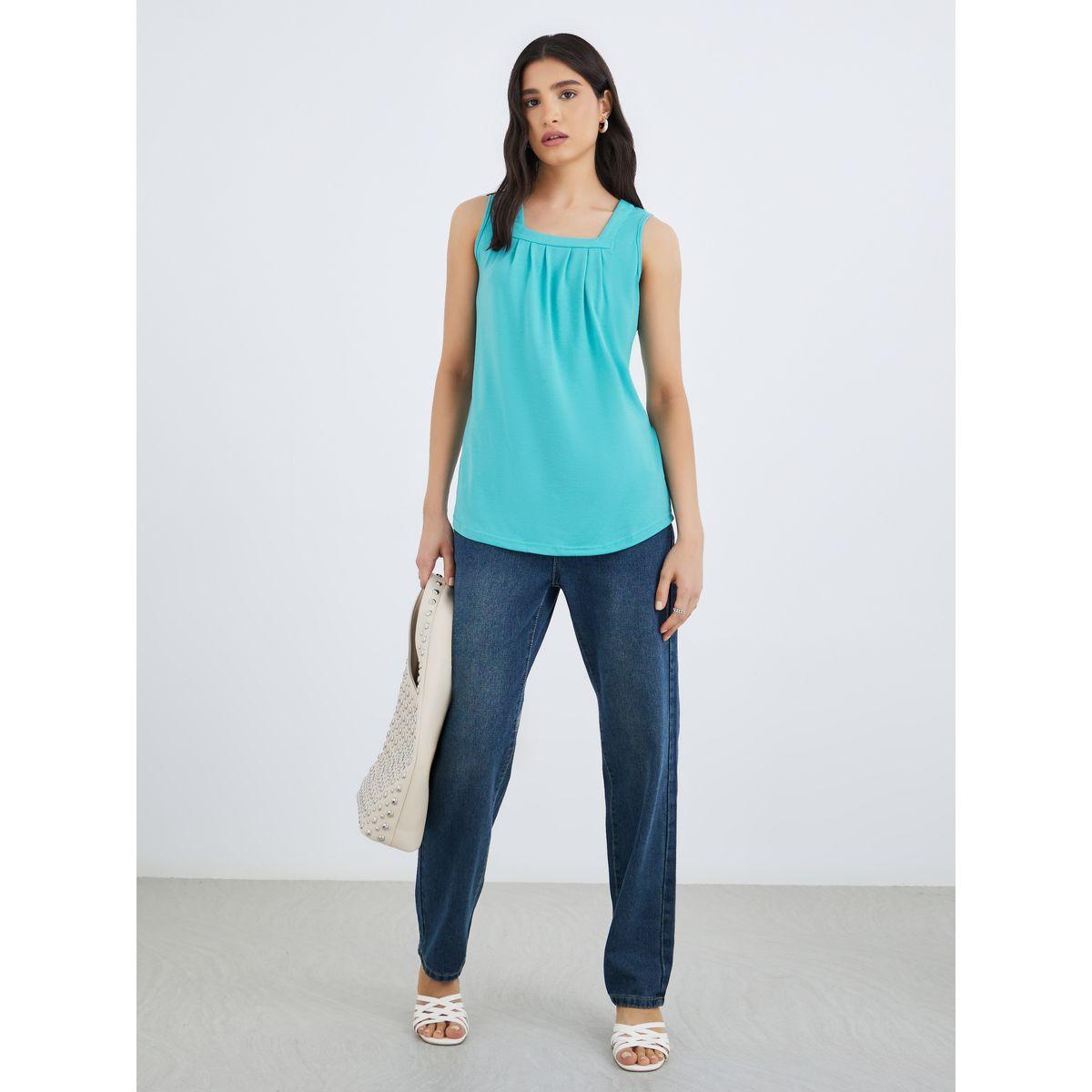 بلوزة سادة بياقة مربعة وبدون أكمام-women-clothing-shirtsandblouses-blouses-image-2