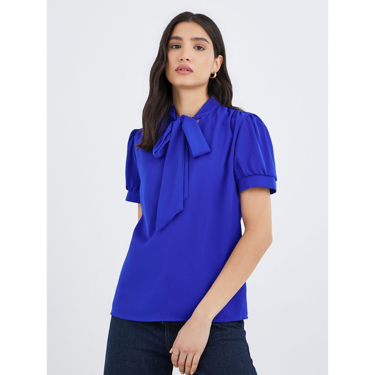 Styli Solid Bow Tie Detail Puff Sleeve Top-women-clothing-shirtsandblouses-blouses-image-2