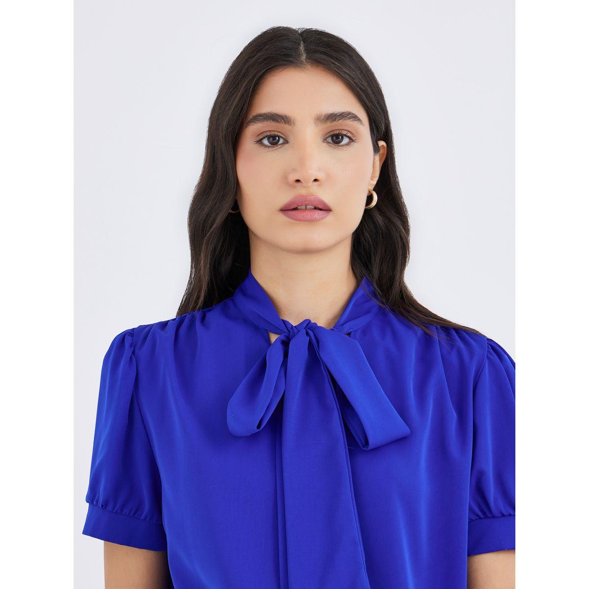 Styli Solid Bow Tie Detail Puff Sleeve Top-women-clothing-shirtsandblouses-blouses-image-4