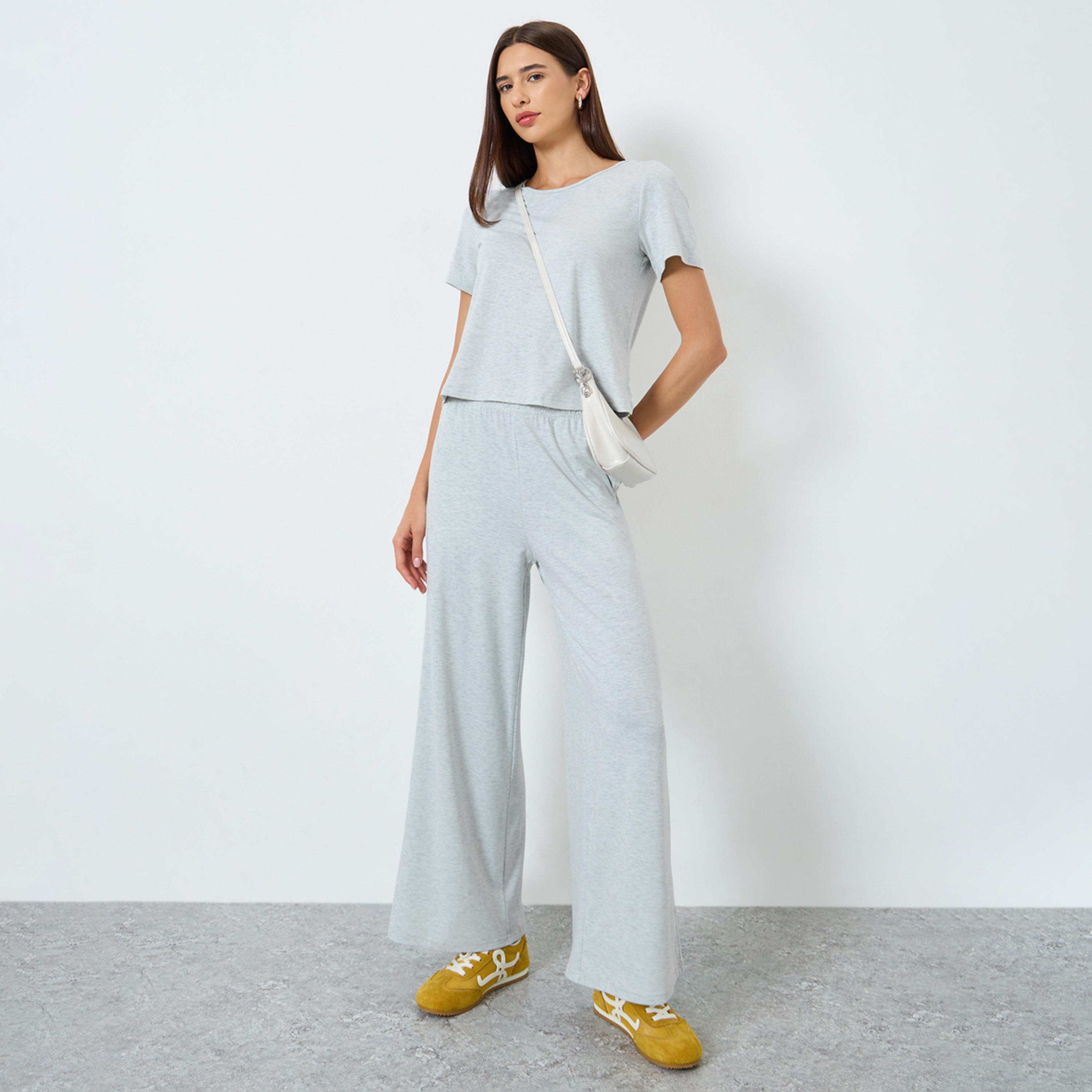 Take Two Solid Round Neck T-Shirt and Wide Leg Pants Co-Ords-women-clothing-coordsets-image-1