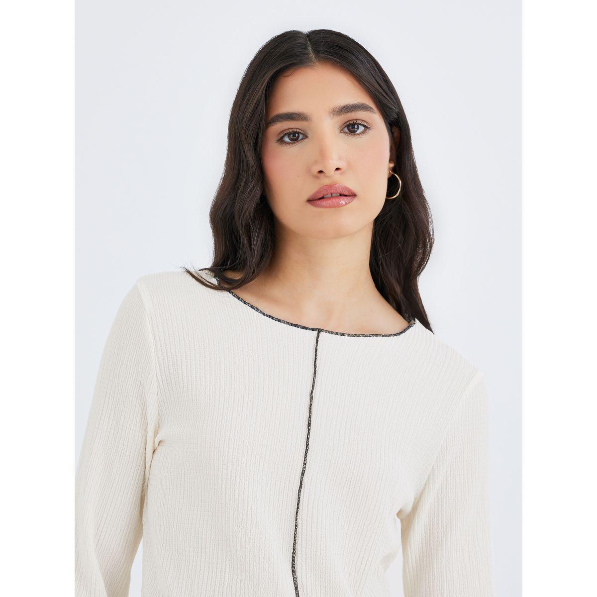 Styli Solid Texture Round Neck Flared Sleeve Top-women-clothing-shirtsandblouses-blouses-image-3