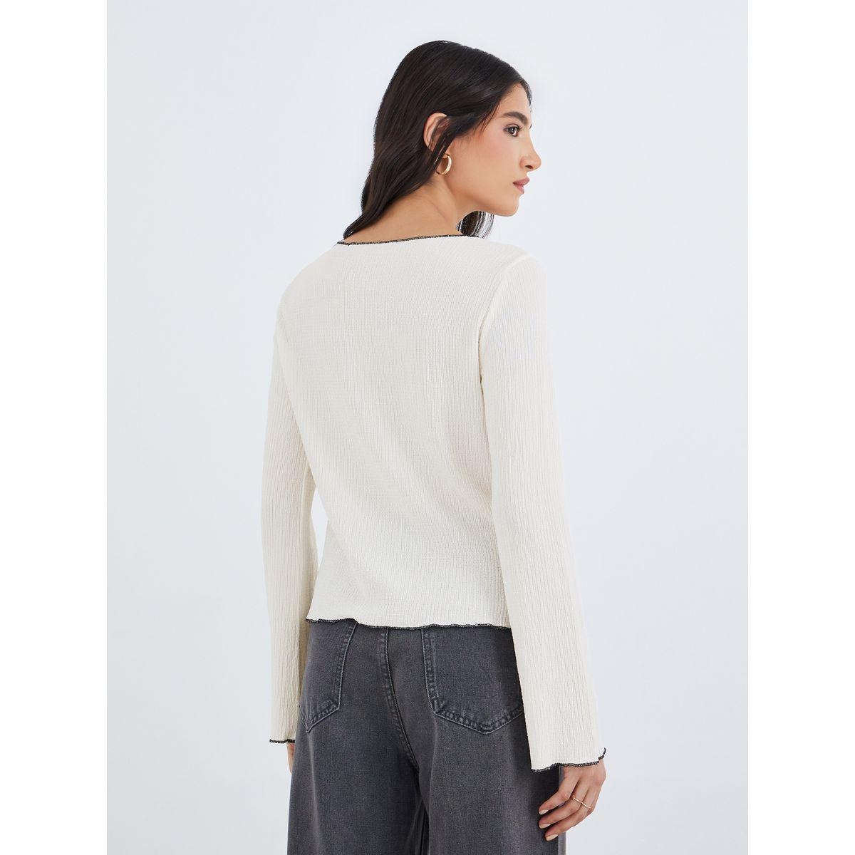Styli Solid Texture Round Neck Flared Sleeve Top-women-clothing-shirtsandblouses-blouses-image-4