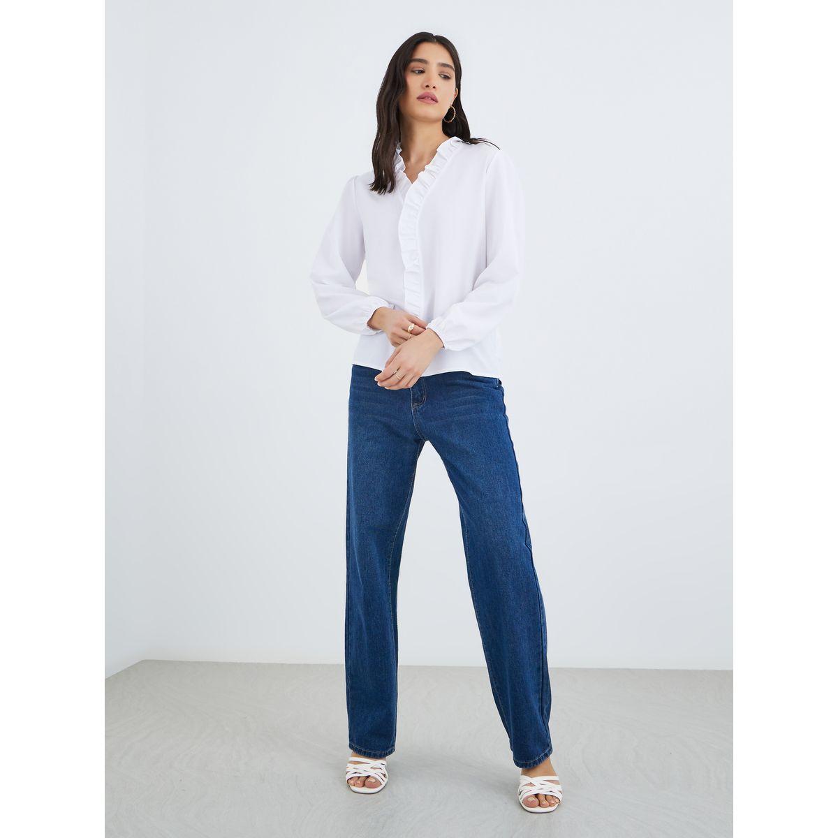 Styli Solid V Neck Ruffle Detail Top-women-clothing-shirtsandblouses-blouses-image-2