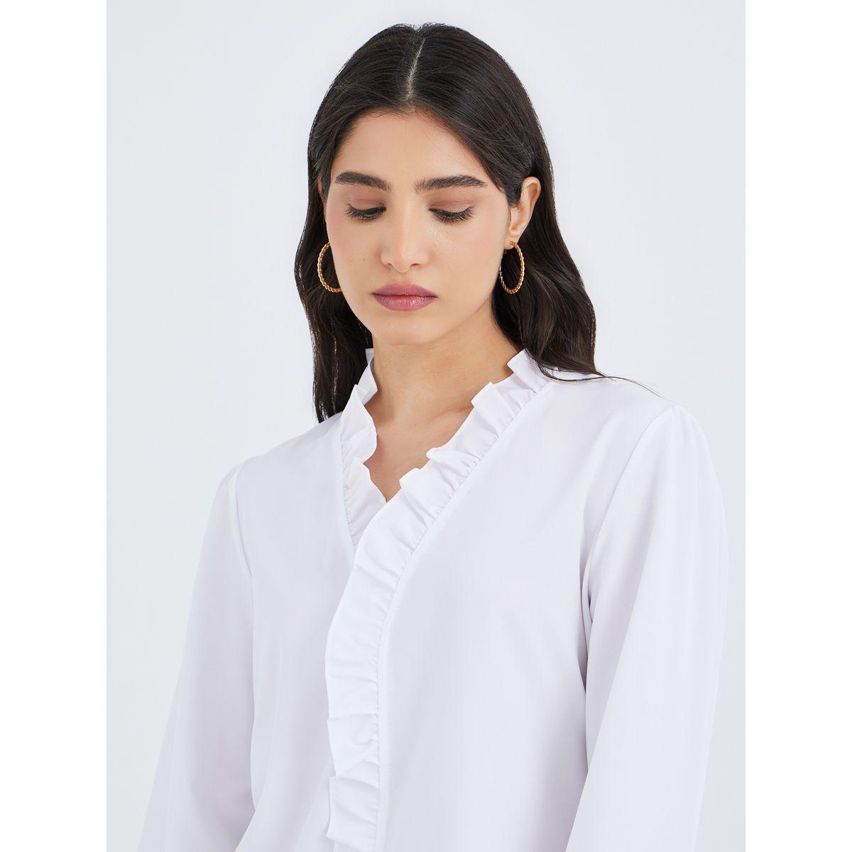 Styli Solid V Neck Ruffle Detail Top-women-clothing-shirtsandblouses-blouses-image-3