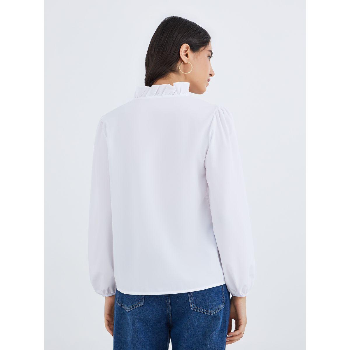 Styli Solid V Neck Ruffle Detail Top-women-clothing-shirtsandblouses-blouses-image-4