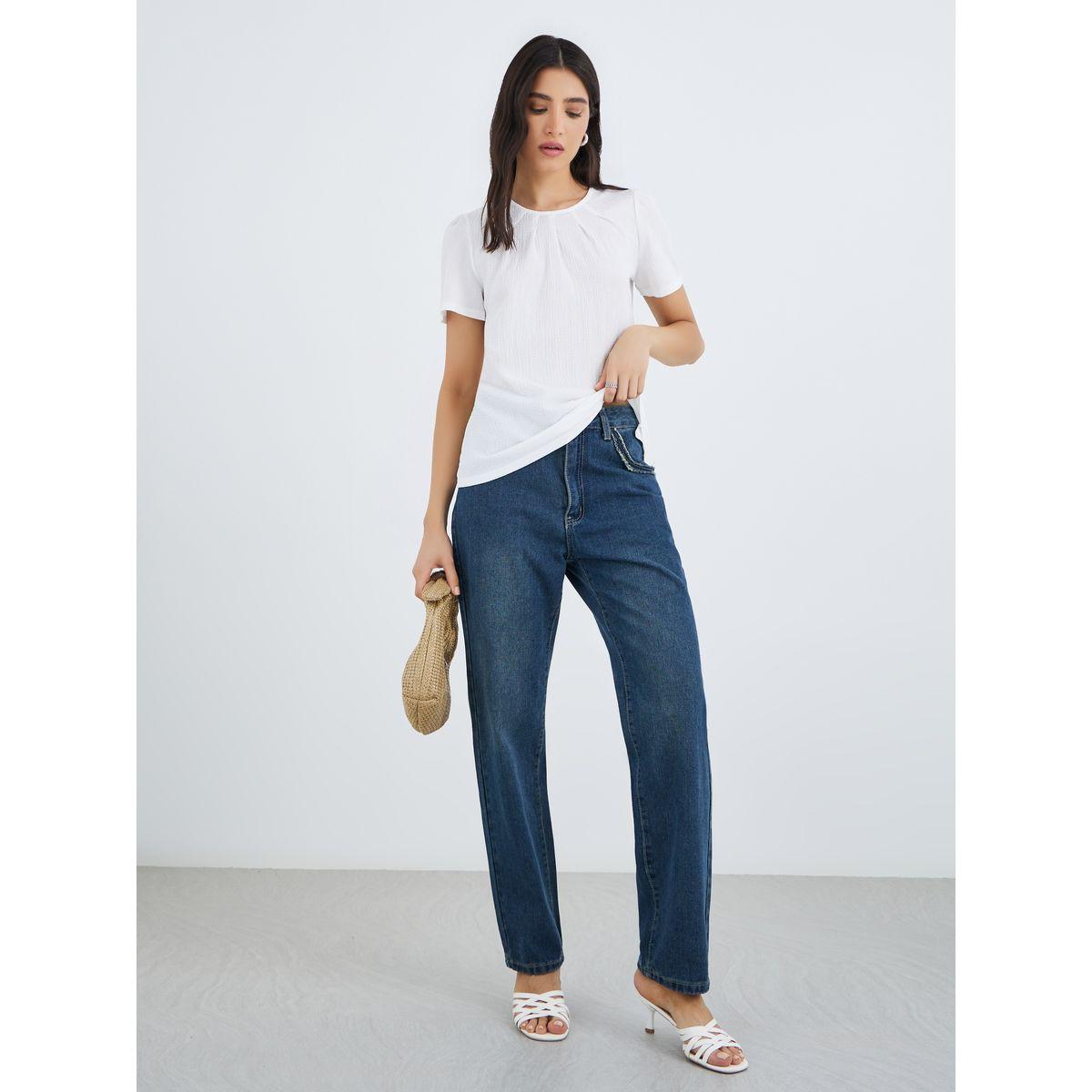 Styli Solid Round Neck Pleated Detail Top-women-clothing-shirtsandblouses-blouses-image-2
