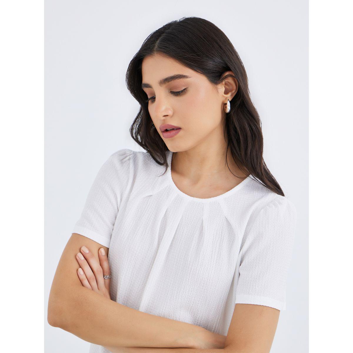 Styli Solid Round Neck Pleated Detail Top-women-clothing-shirtsandblouses-blouses-image-3