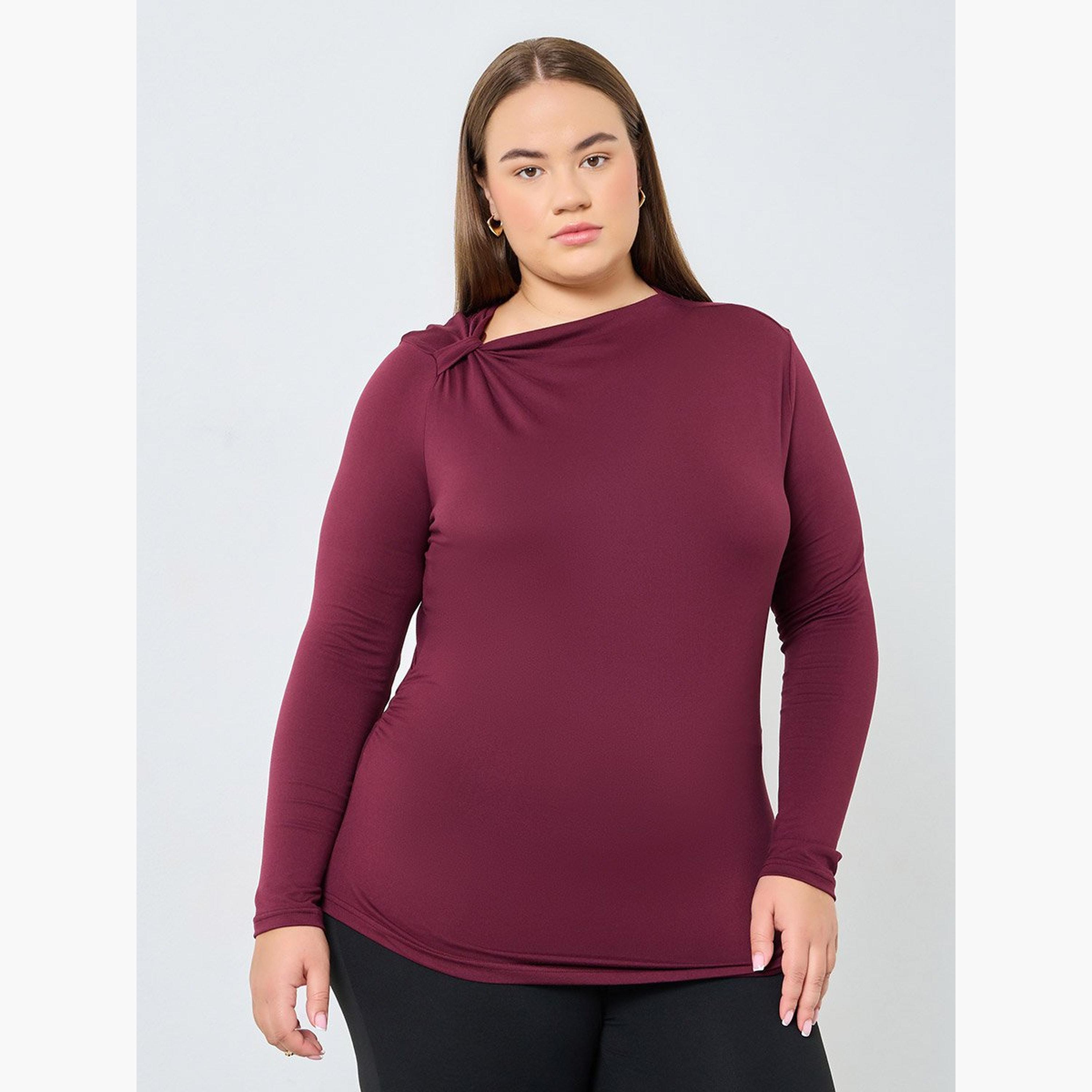 ستايلي - بلوزة لون عنابي مقاس كبير مع رقبة غير متماثلة-women-clothing-shirtsandblouses-blouses-image-1