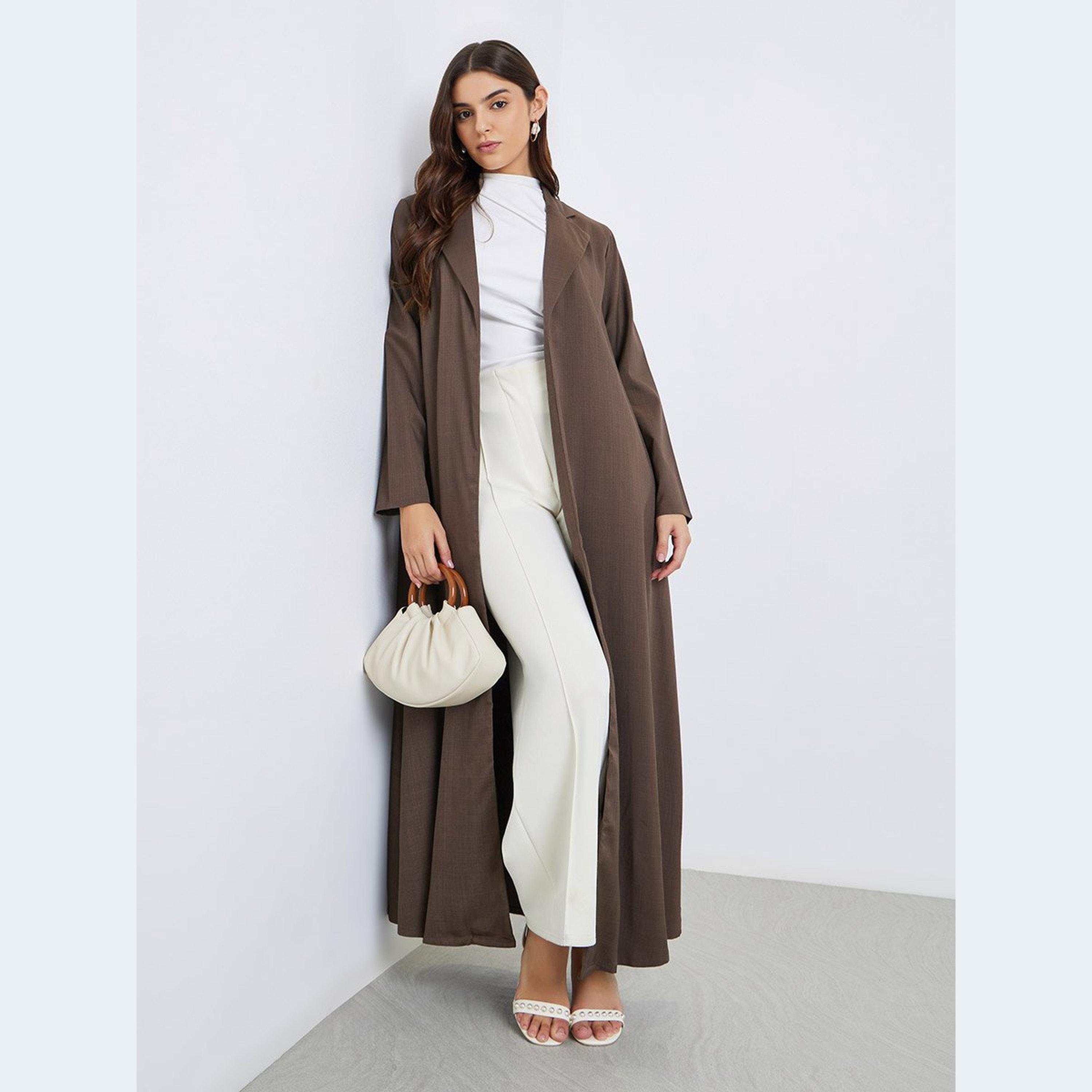 Styli Women Brown Linen Look Collared Abaya-women-arabicclothing-abayas-image-1